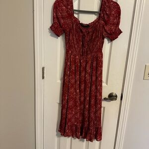 Crimson Red Floral Puff Short Sleeve Midi Dress.